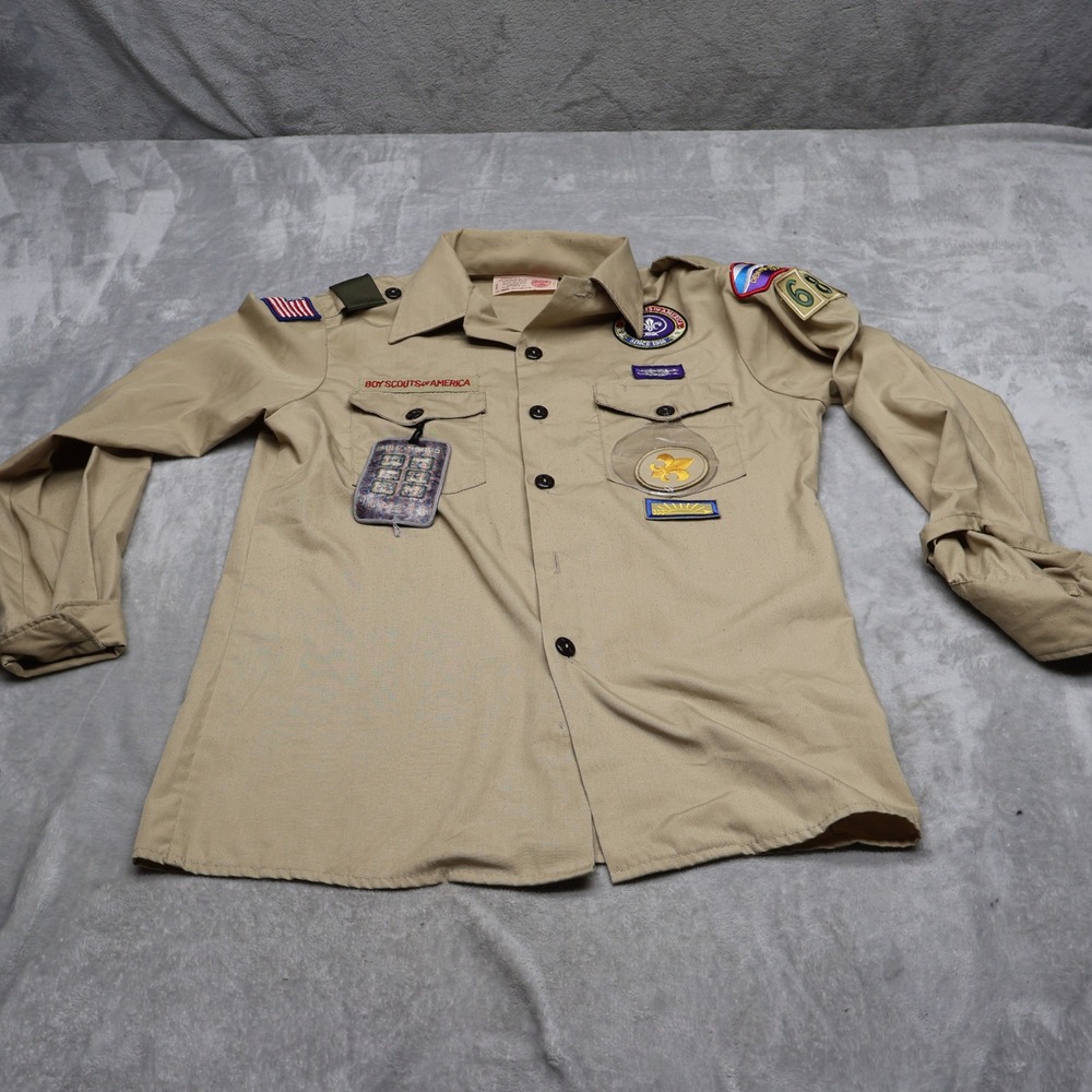 Boy Scout of America Shirt Youth Large 14-16 Beige Patch Scouting Badge USA Made